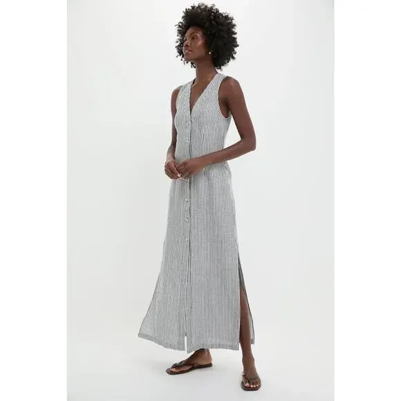 ONIA Deep Navy Striped Air Linen Button Down Maxi Dress Size XS NWT - Picture 5 of 8